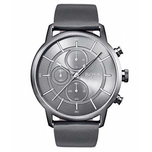 🆕 HUGO BOSS Chronograph Gray Leather Strap Watch